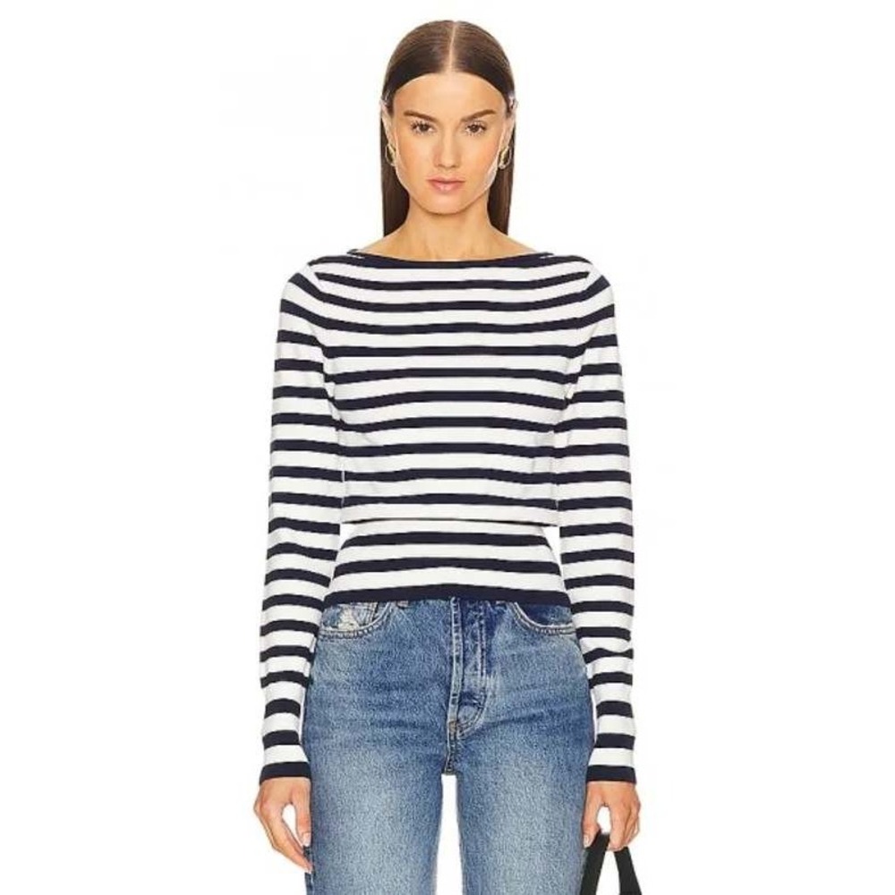 L'academie Striped Boat Neck Knit Sweater Long Sleeve Navy White Size‎ S